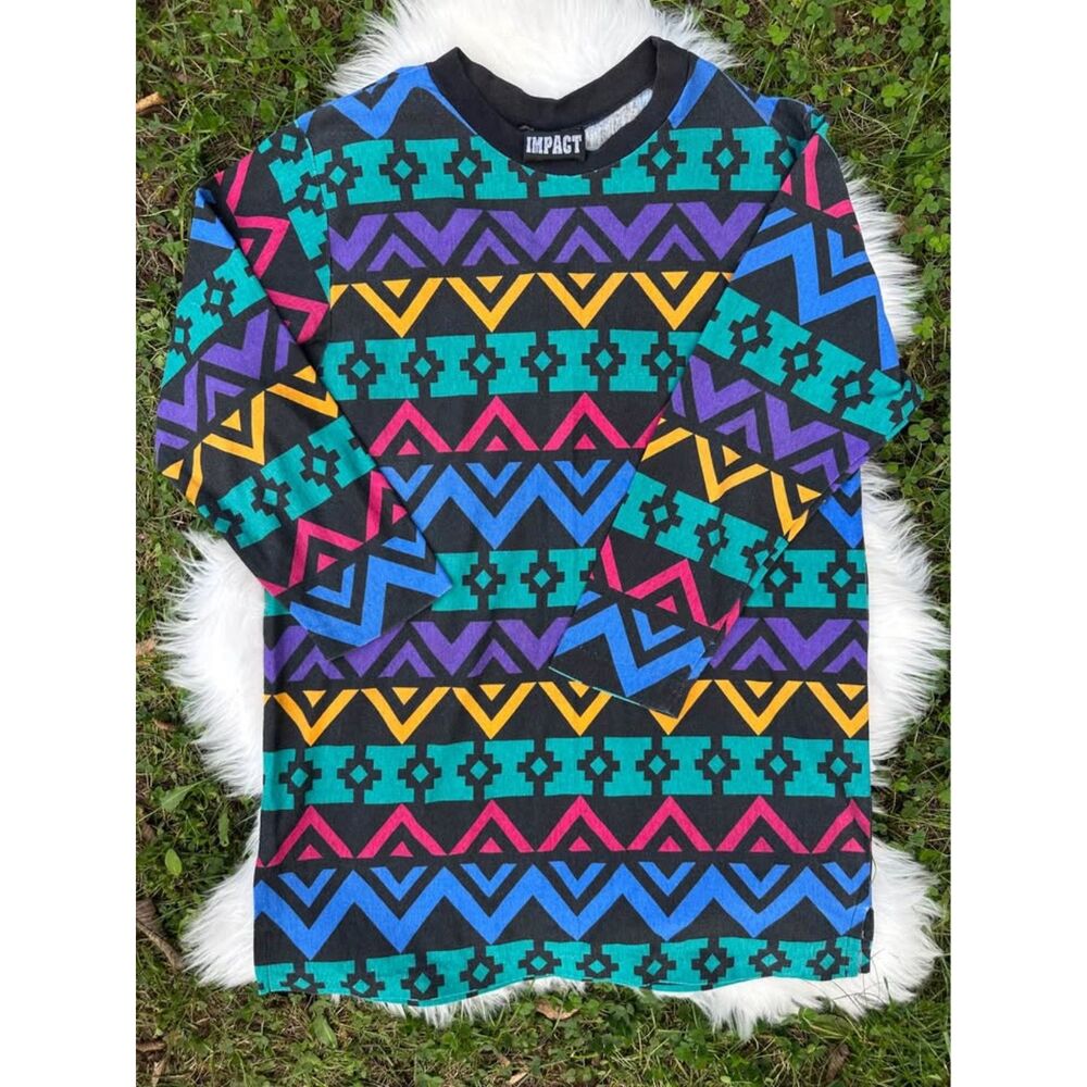 90s Impact Aztec Print Shirt - Vintage Geometric Print - Vintage Tribal Print